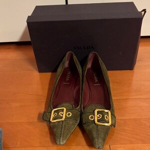Prada Olive Green Suede Pointed-Toe Flats with Gold Buckle